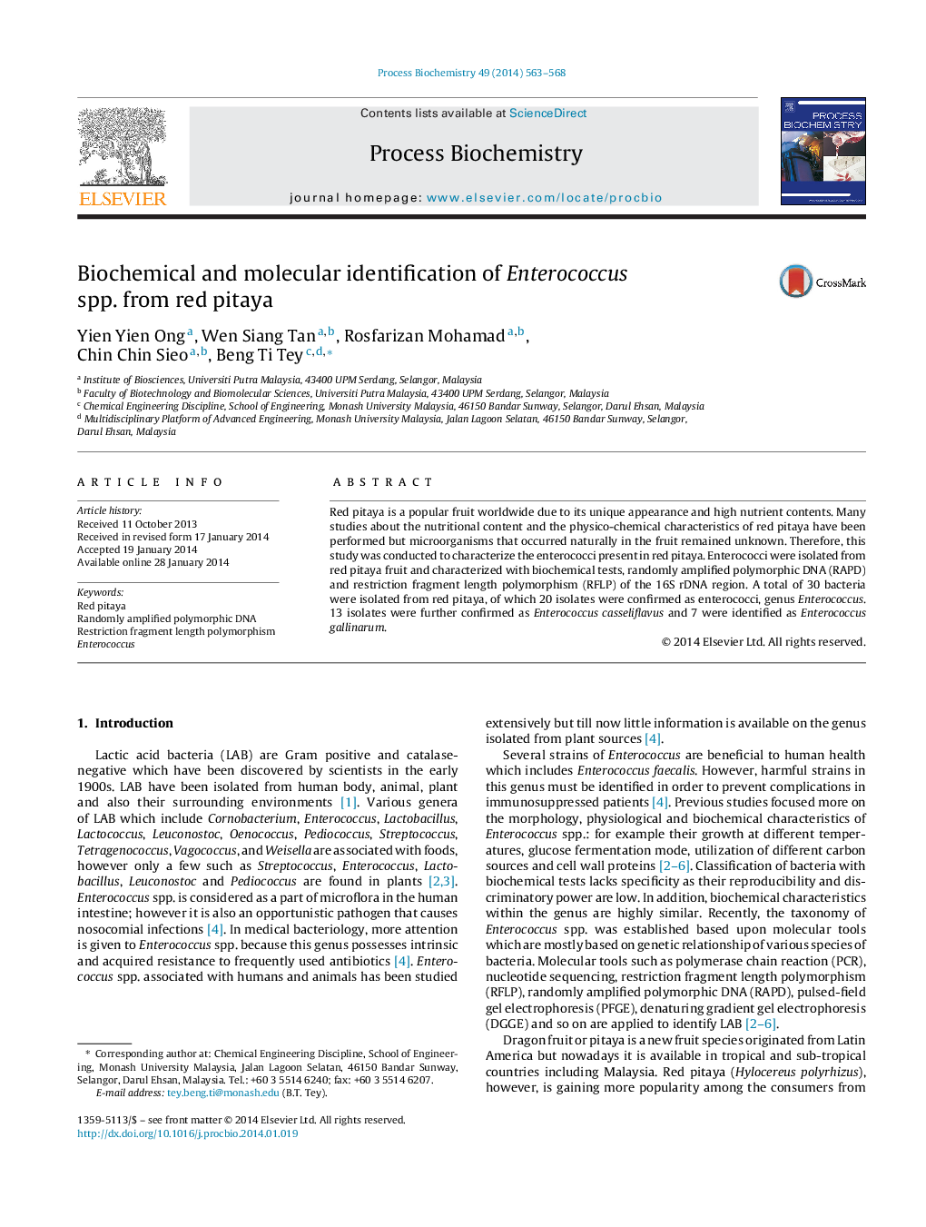 عکس صفحه اول مقاله: Biochemical and molecular identification of Enterococcus spp. from red pitaya Biochemical and molecular identification of Enterococcus spp. from red pitaya