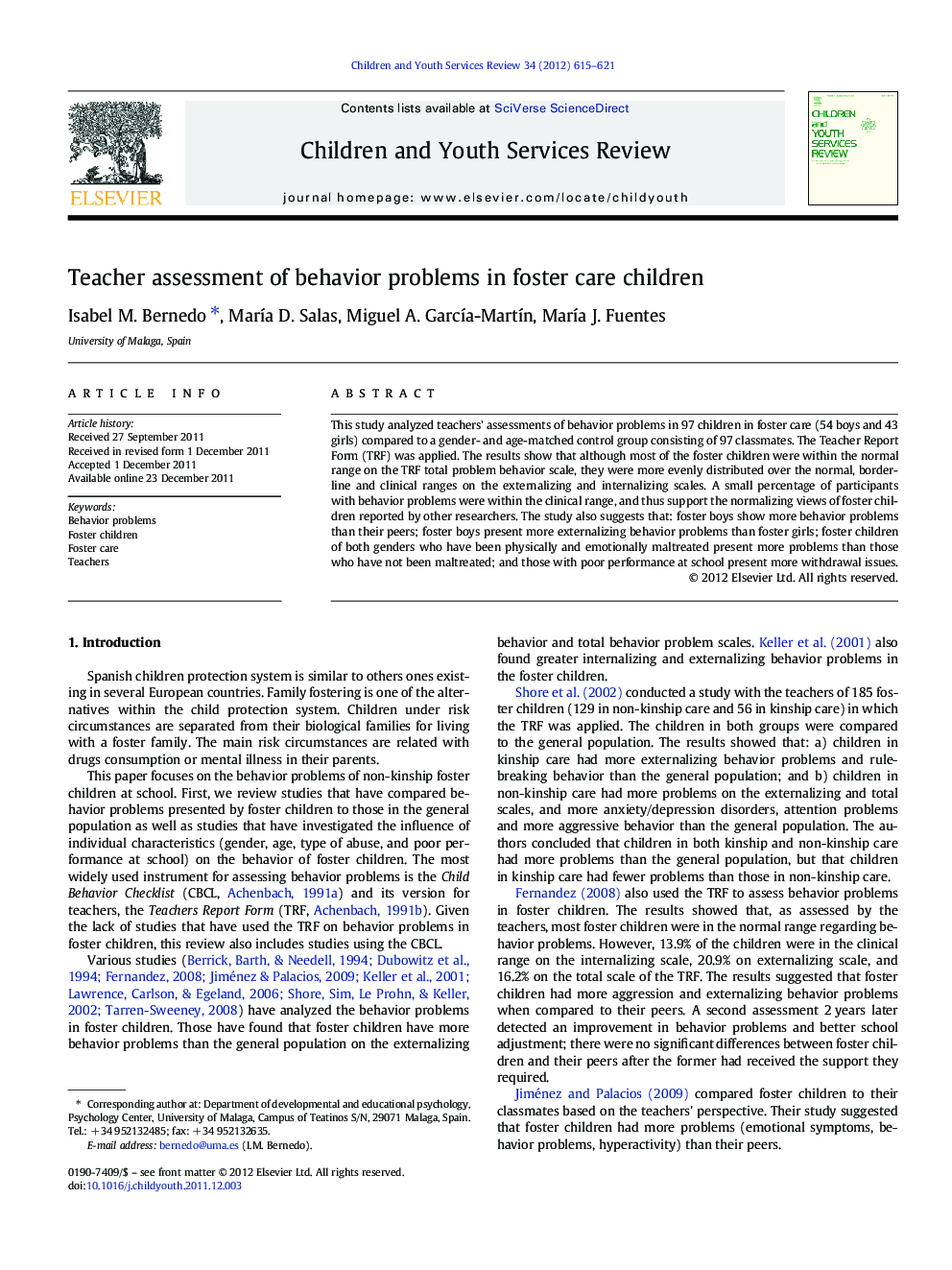 Teacher assessment of behavior problems in foster care children