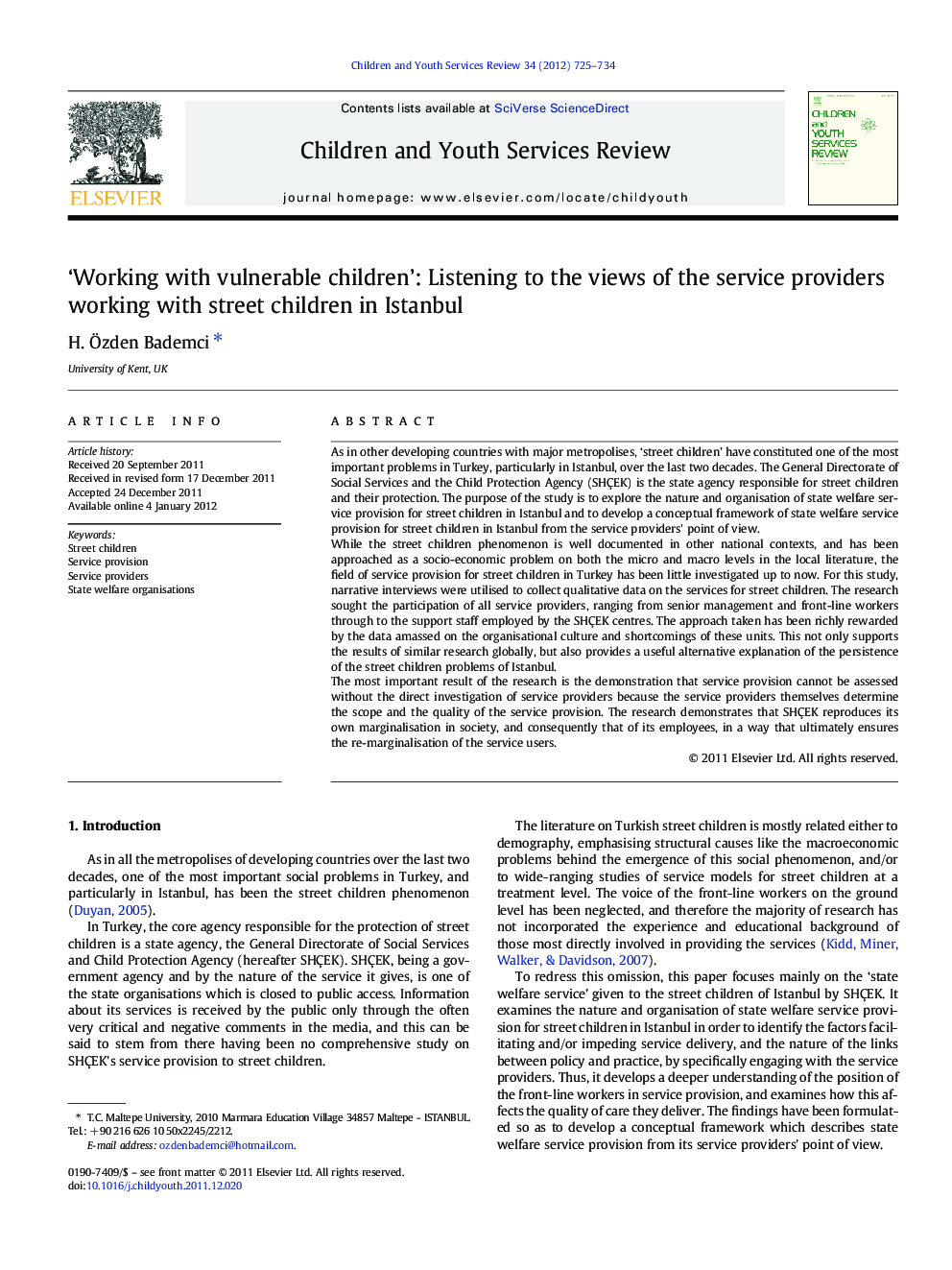 ‘Working with vulnerable children’: Listening to the views of the service providers working with street children in Istanbul