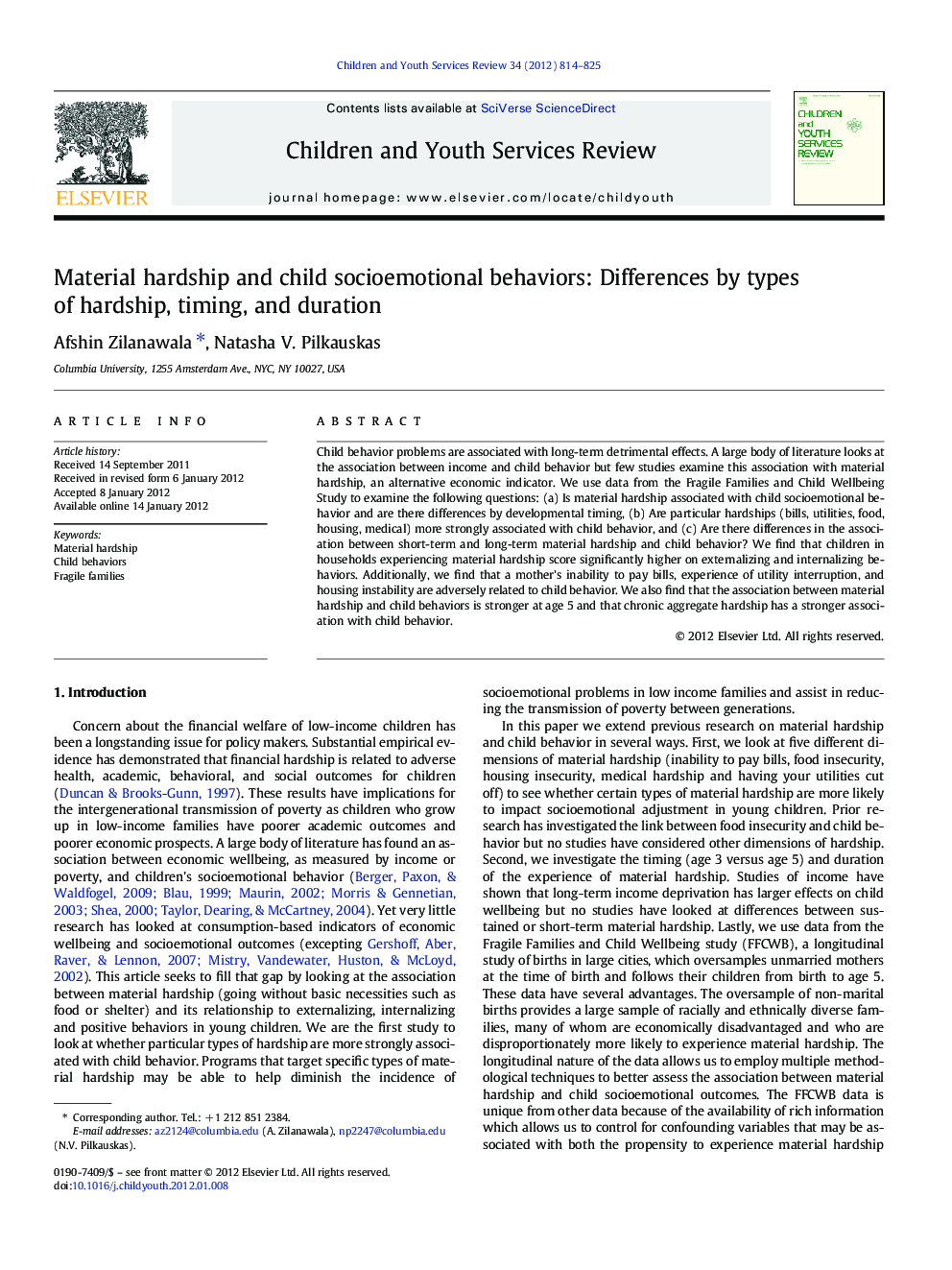 Material hardship and child socioemotional behaviors: Differences by types of hardship, timing, and duration