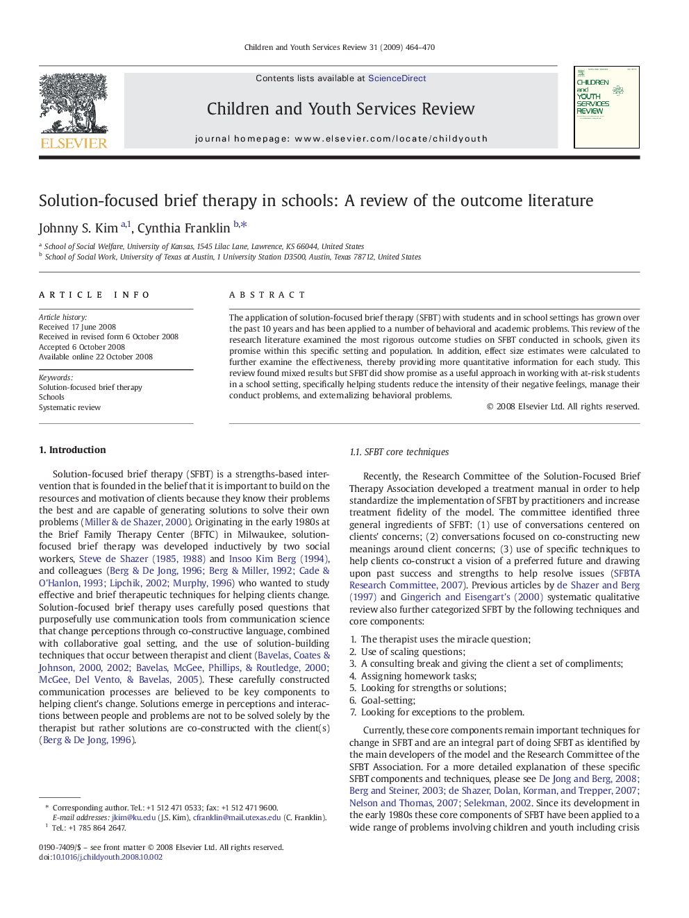 Solution-focused brief therapy in schools: A review of the outcome literature