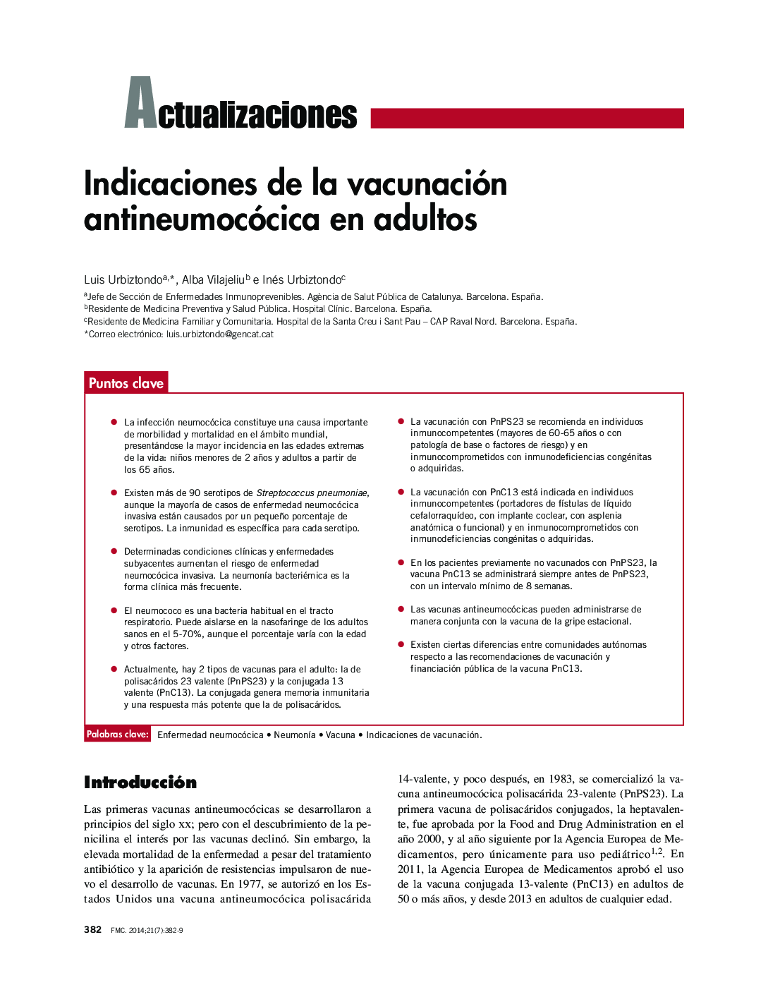 Indicaciones de la vacunación antineumocócica en adultos