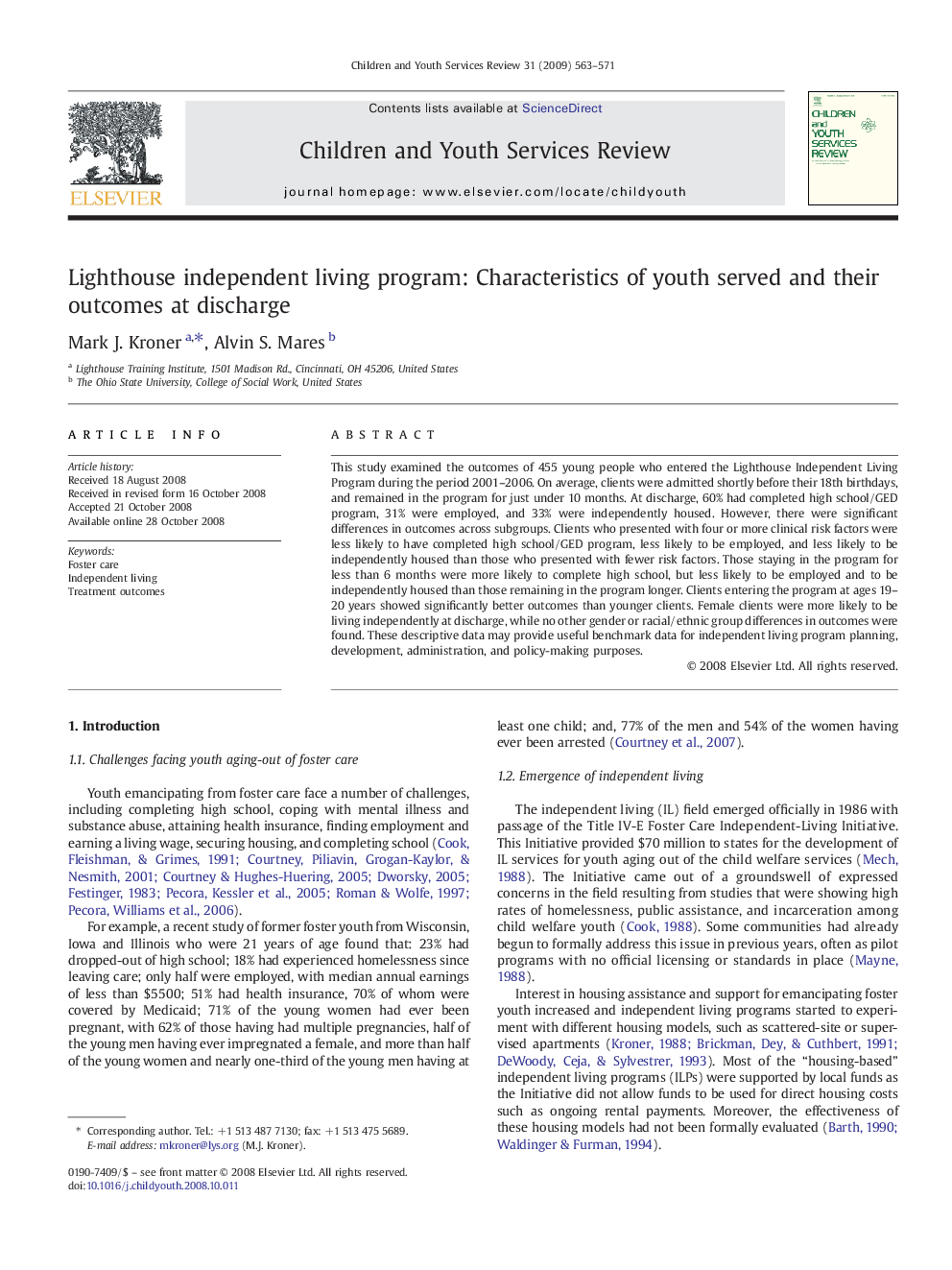 Lighthouse independent living program: Characteristics of youth served and their outcomes at discharge