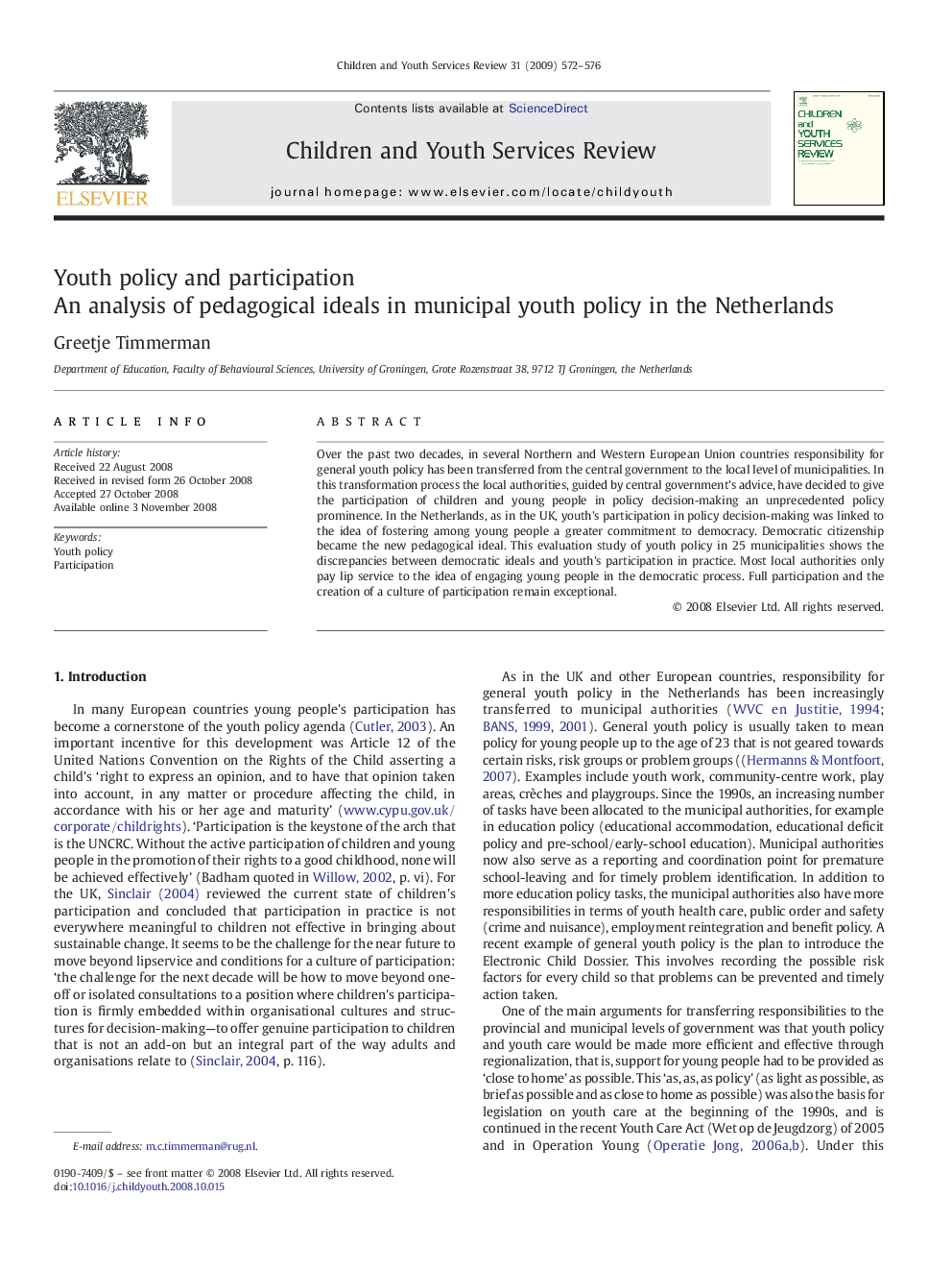 Youth policy and participation: An analysis of pedagogical ideals in municipal youth policy in the Netherlands