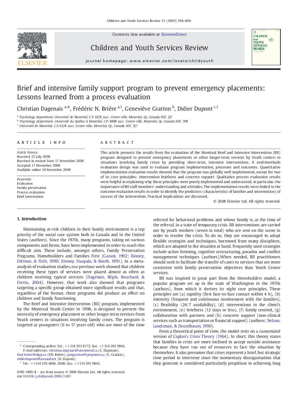 Brief and intensive family support program to prevent emergency placements: Lessons learned from a process evaluation