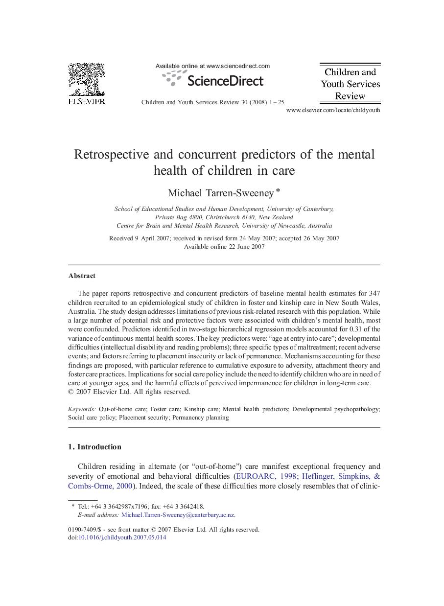 Retrospective and concurrent predictors of the mental health of children in care