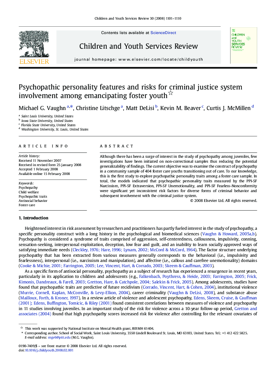 Psychopathic personality features and risks for criminal justice system involvement among emancipating foster youth 