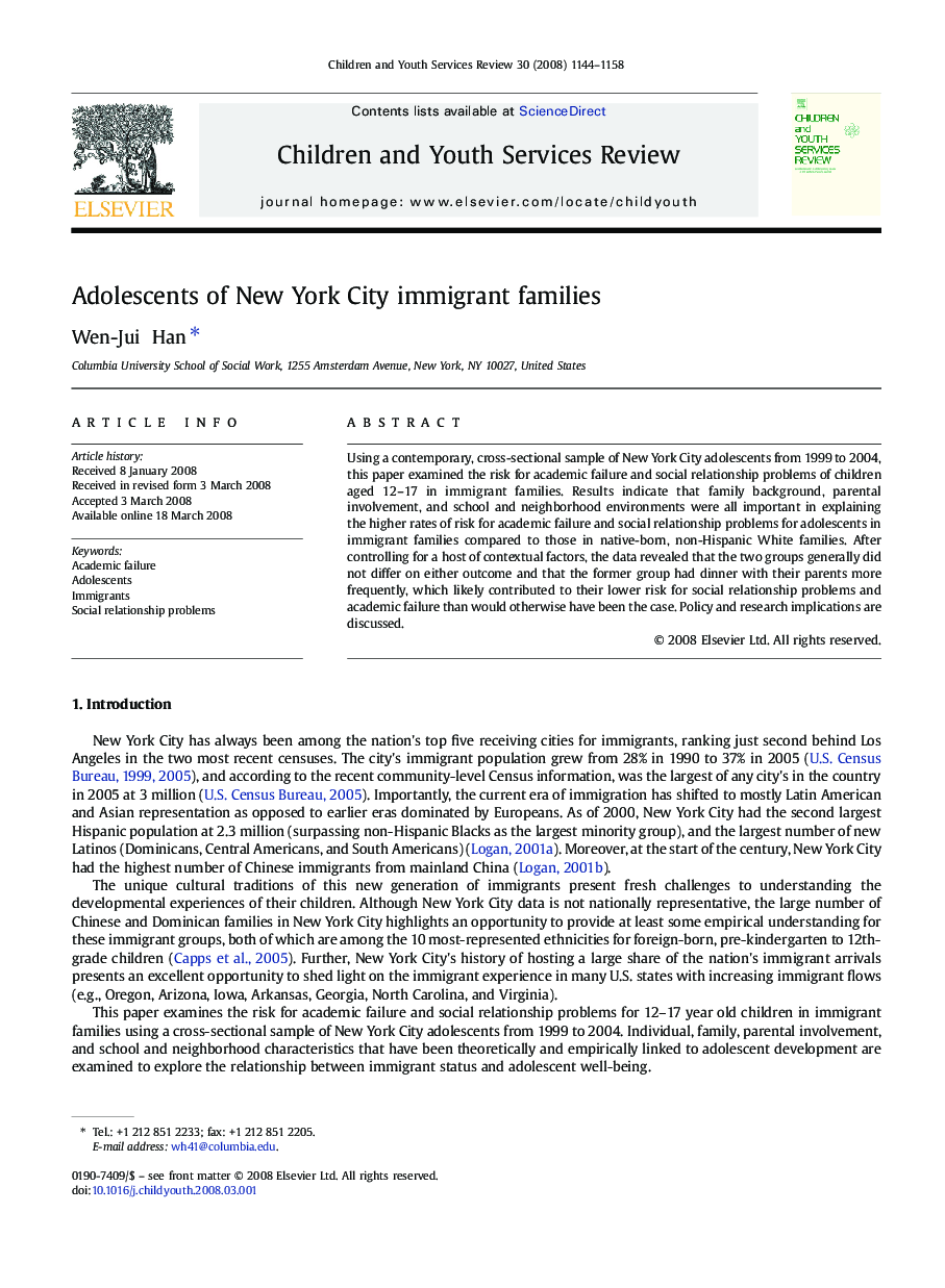 Adolescents of New York City immigrant families