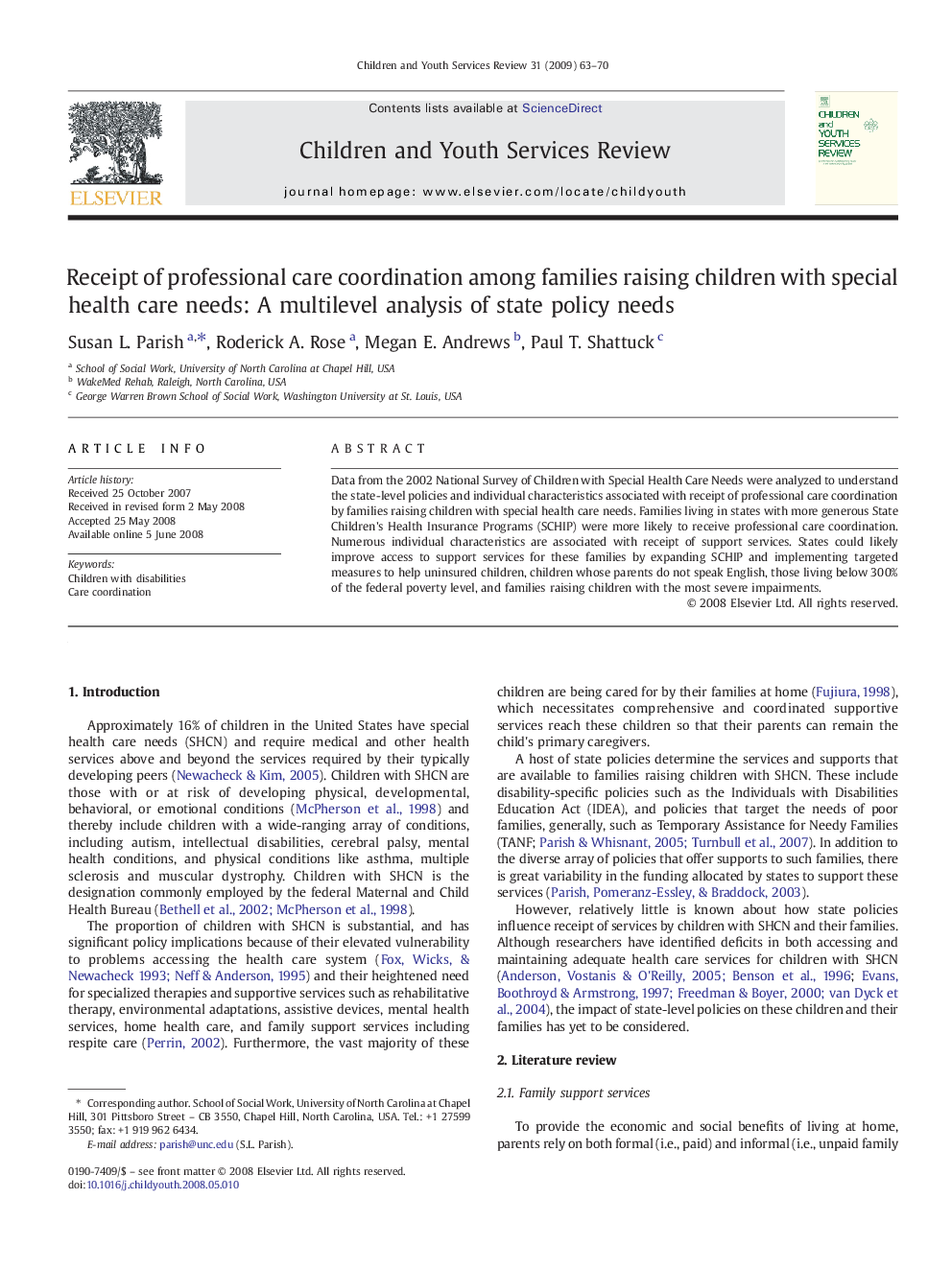 Receipt of professional care coordination among families raising children with special health care needs: A multilevel analysis of state policy needs