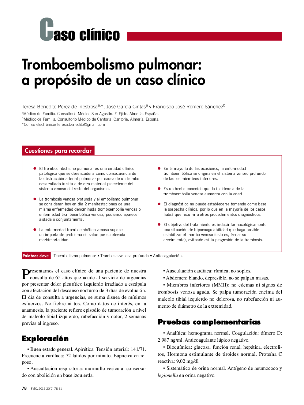 Tromboembolismo pulmonar: a propósito de un caso clÃ­nico