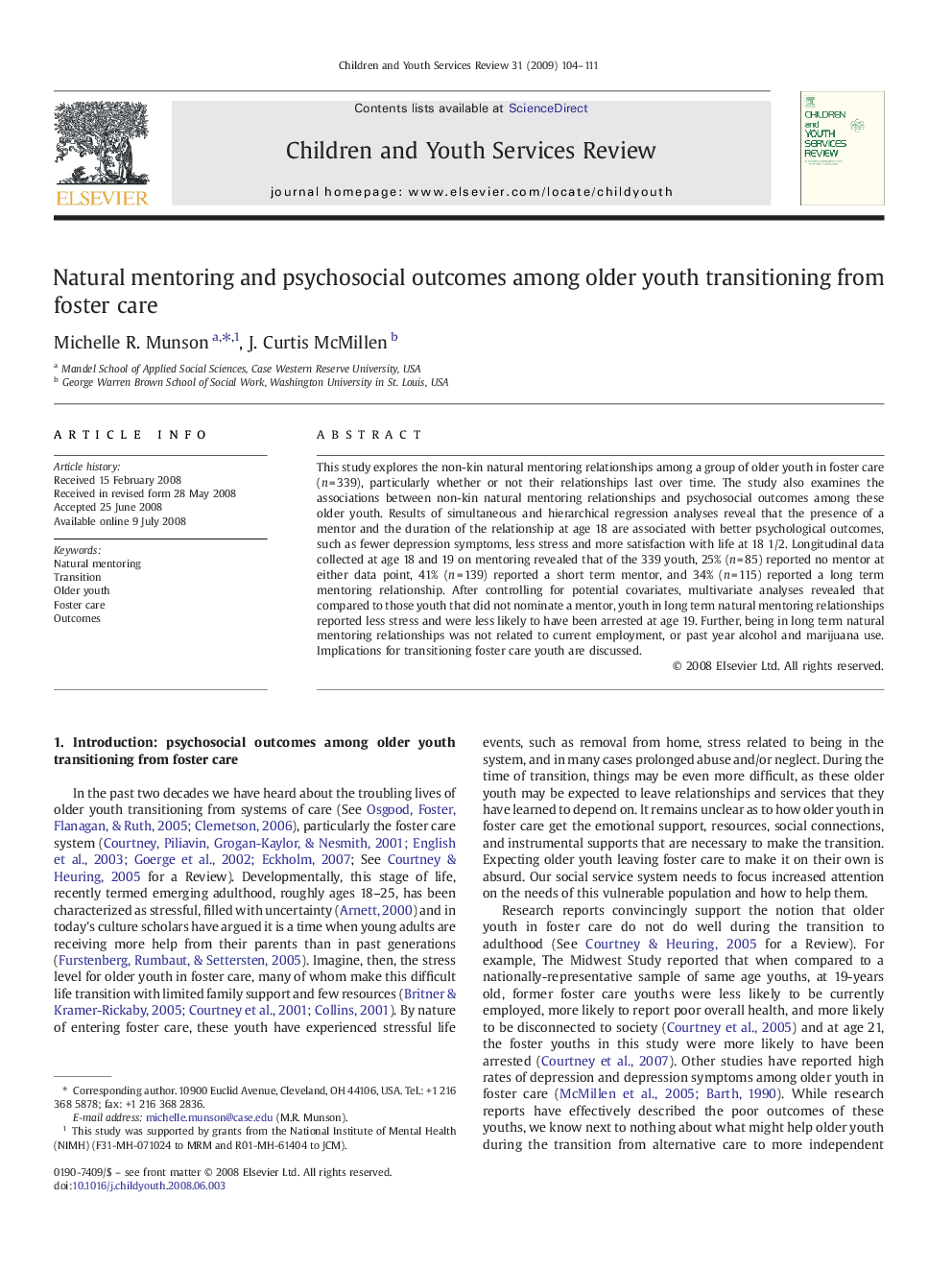 Natural mentoring and psychosocial outcomes among older youth transitioning from foster care