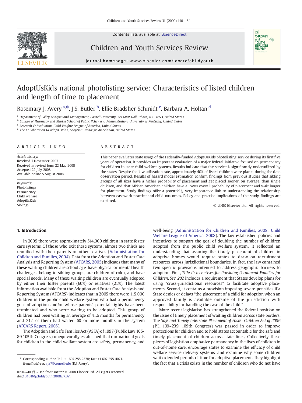 AdoptUsKids national photolisting service: Characteristics of listed children and length of time to placement