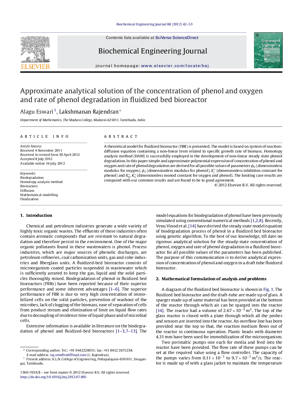 Approximate analytical solution of the concentration of phenol and oxygen and rate of phenol degradation in fluidized bed bioreactor