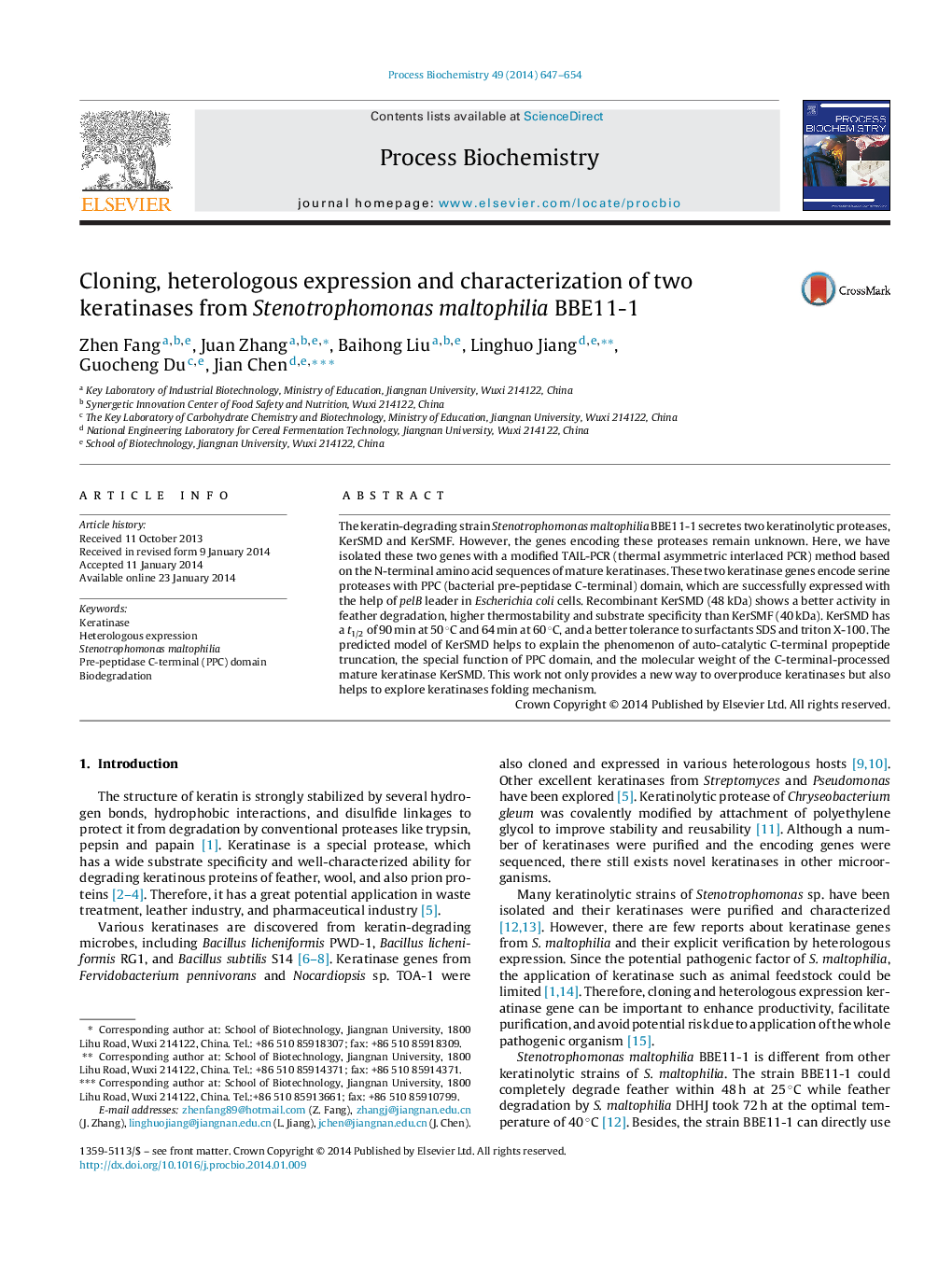 Cloning, heterologous expression and characterization of two keratinases from Stenotrophomonas maltophilia BBE11-1