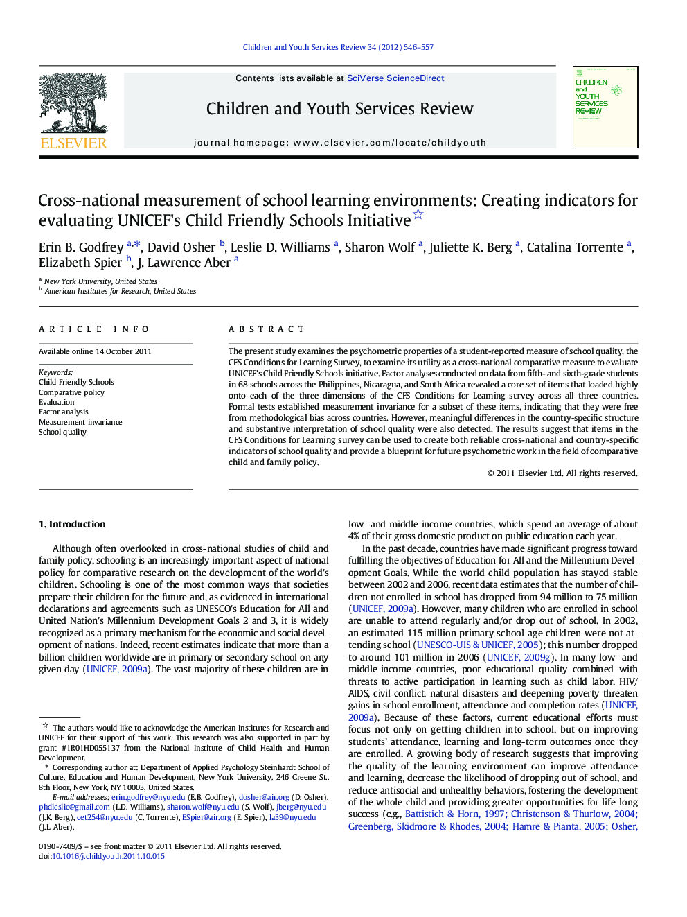 Cross-national measurement of school learning environments: Creating indicators for evaluating UNICEF's Child Friendly Schools Initiative 