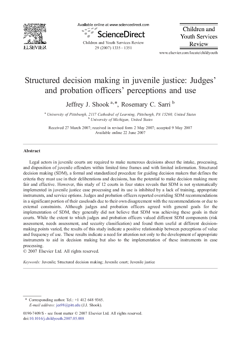 Structured decision making in juvenile justice: Judges' and probation officers' perceptions and use