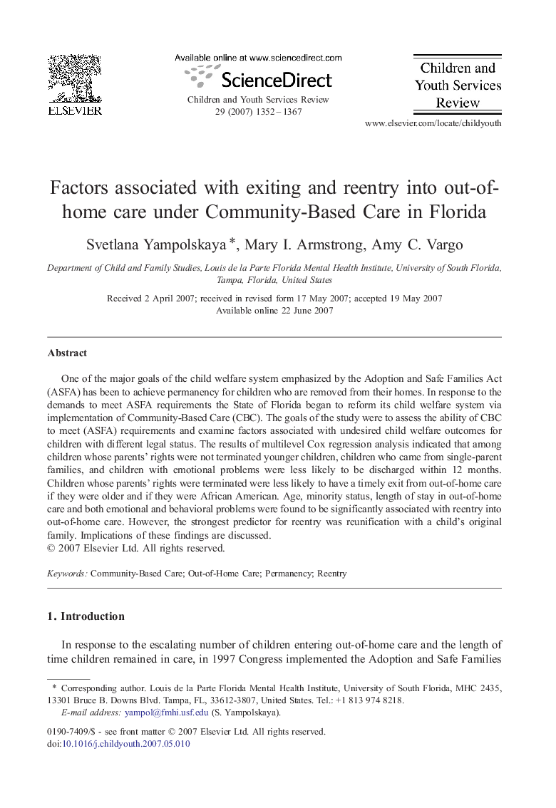 Factors associated with exiting and reentry into out-of-home care under Community-Based Care in Florida