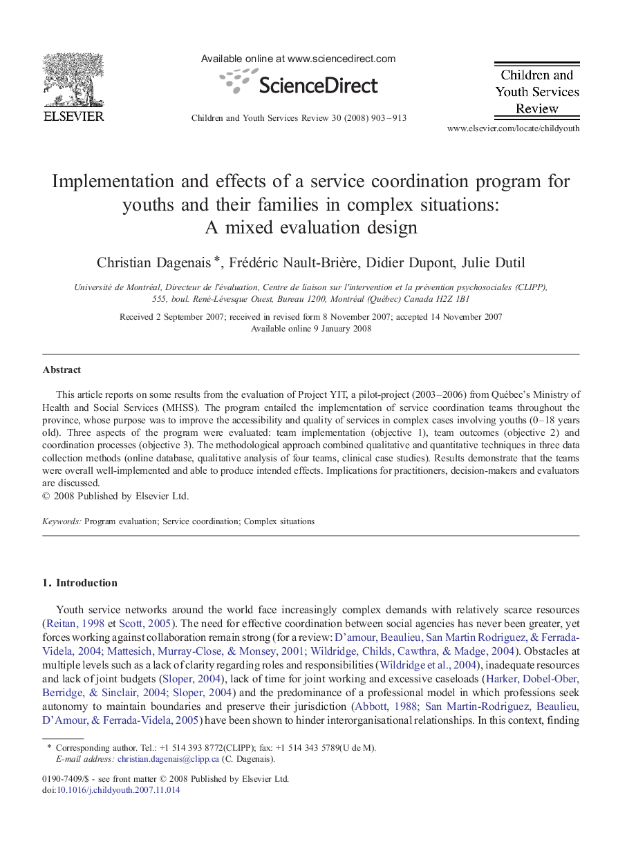 Implementation and effects of a service coordination program for youths and their families in complex situations: A mixed evaluation design