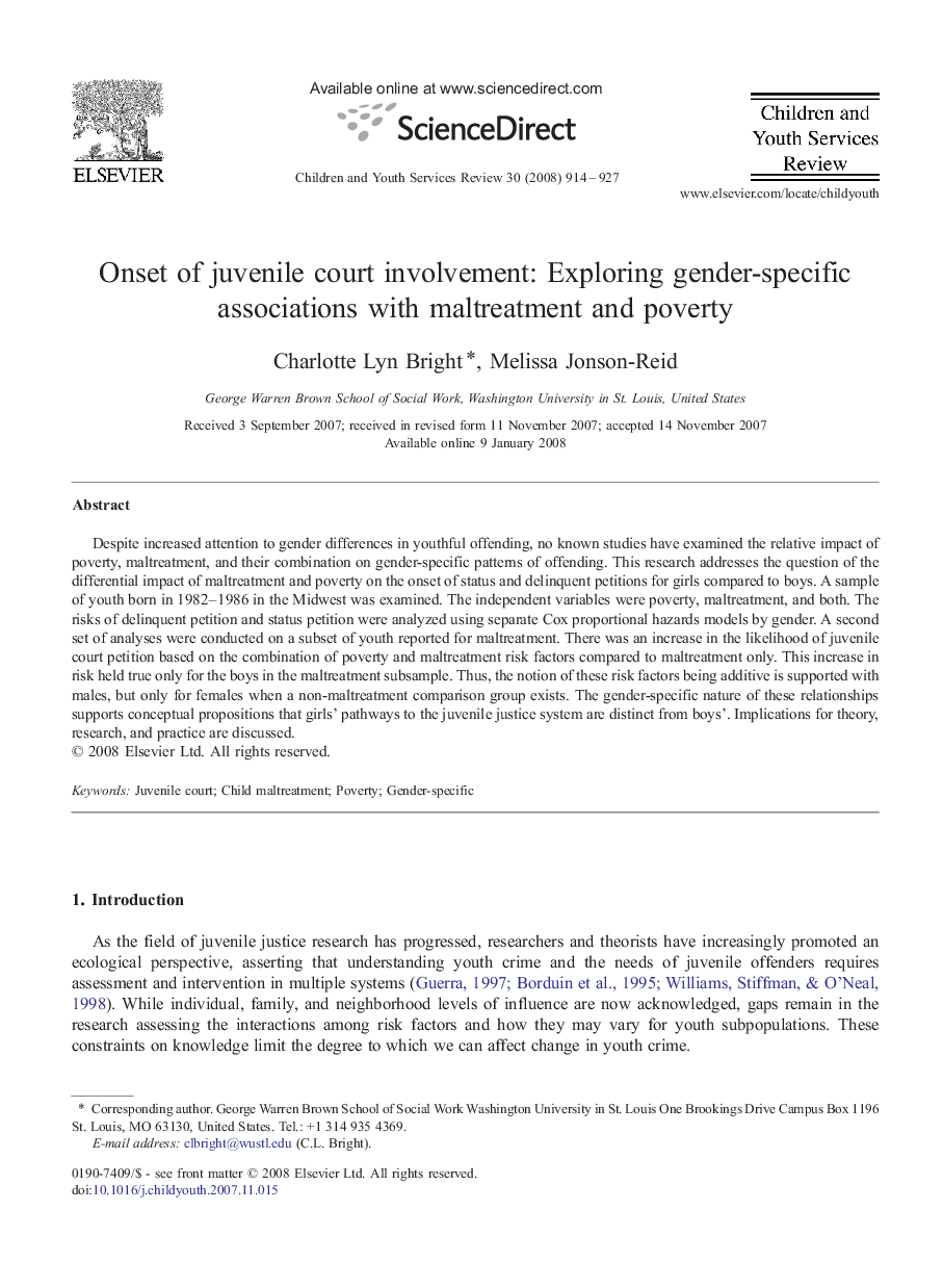 Onset of juvenile court involvement: Exploring gender-specific associations with maltreatment and poverty