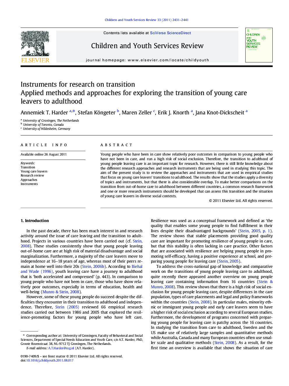 Instruments for research on transition: Applied methods and approaches for exploring the transition of young care leavers to adulthood