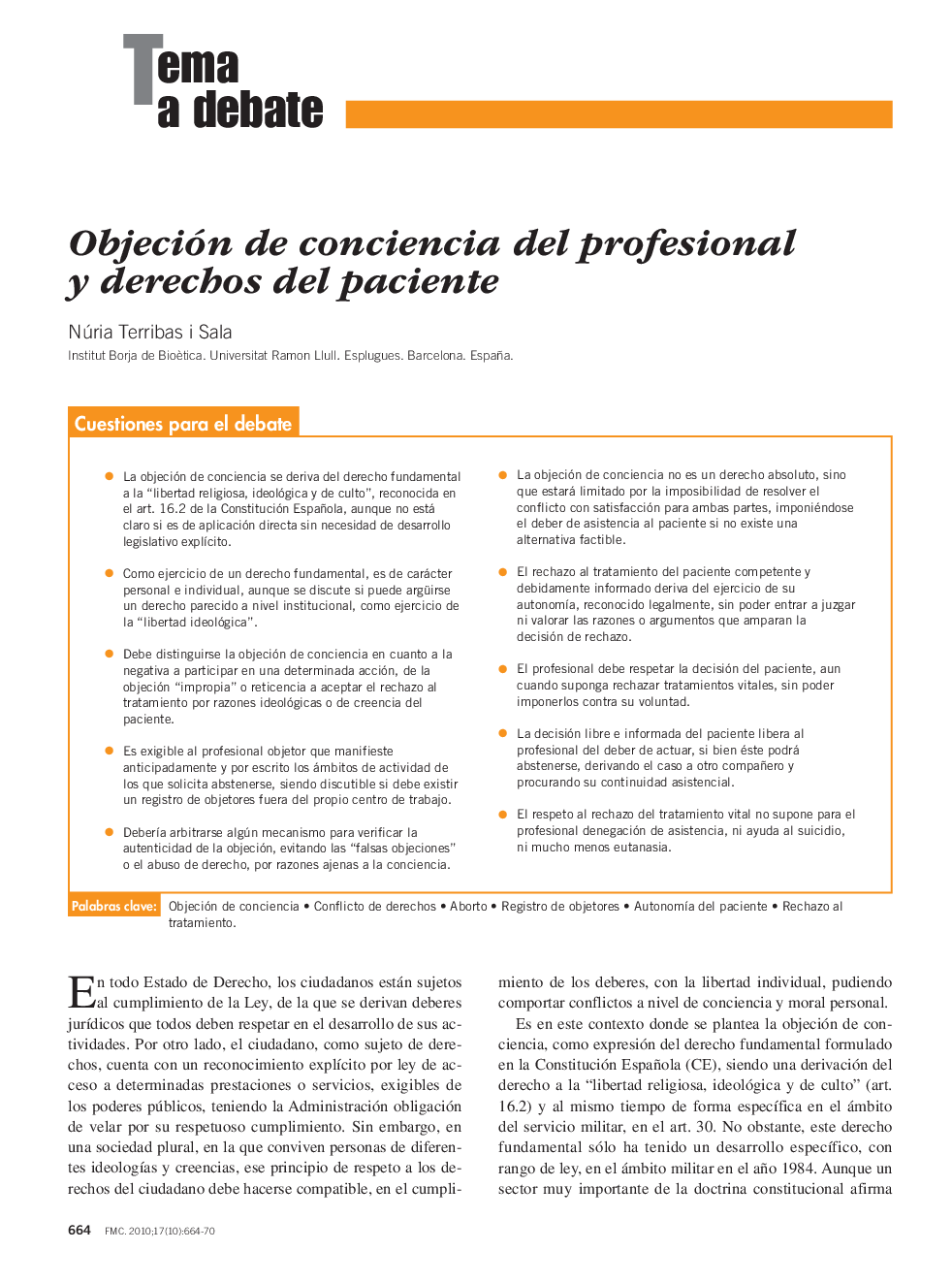 Objeción de conciencia del profesional y derechos del paciente