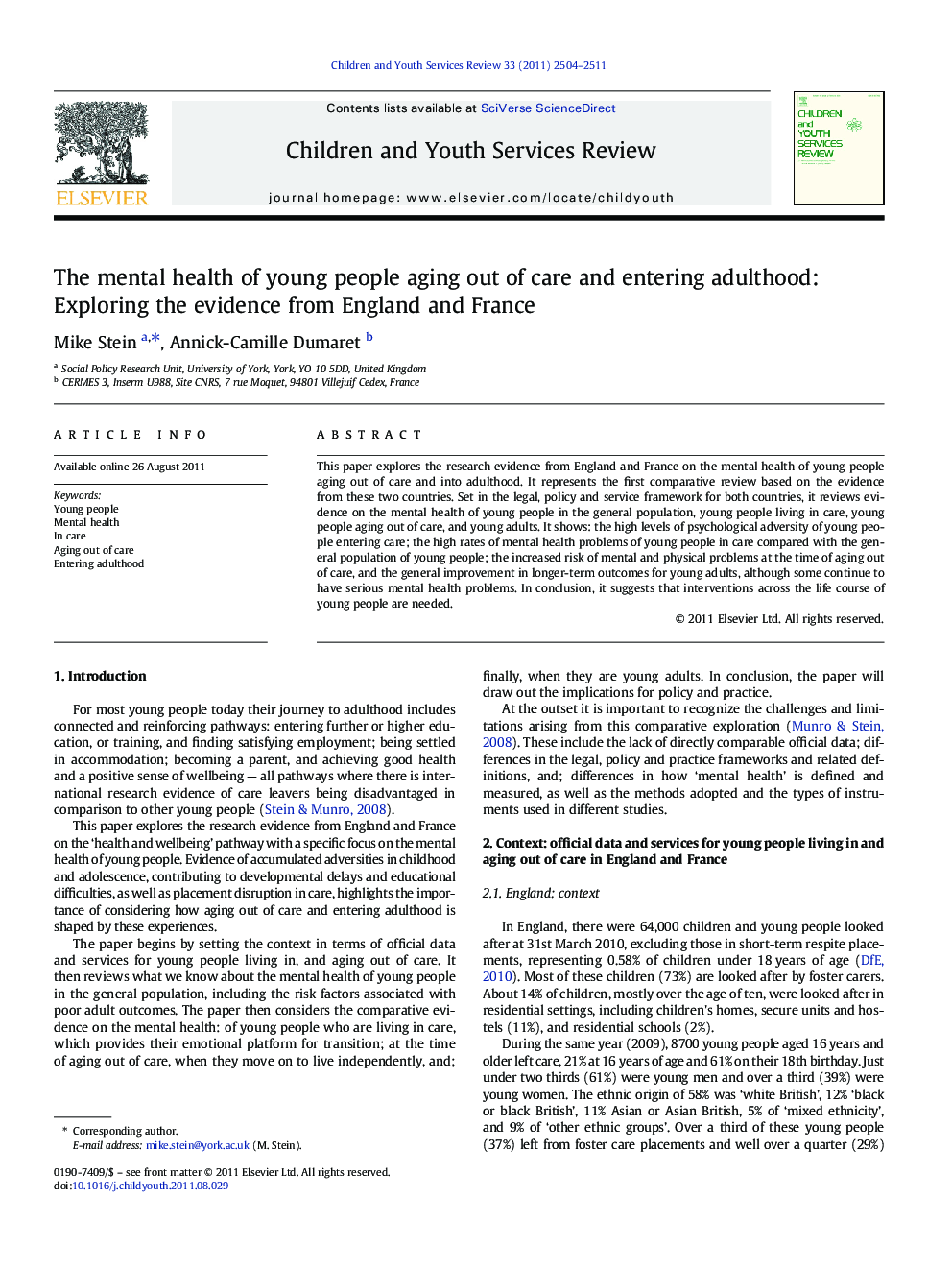 The mental health of young people aging out of care and entering adulthood: Exploring the evidence from England and France