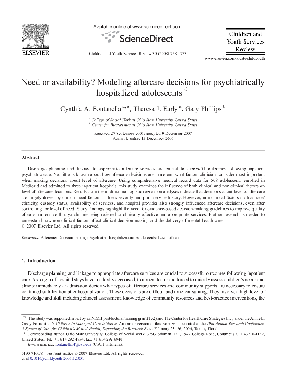 Need or availability? Modeling aftercare decisions for psychiatrically hospitalized adolescents 