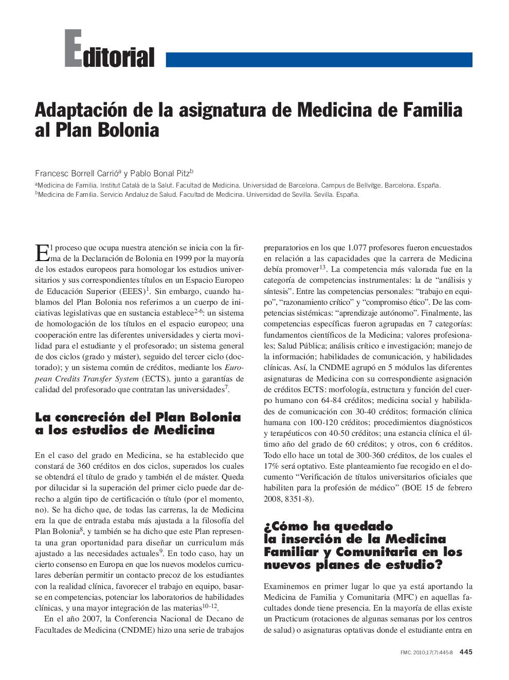 Adaptación de la asignatura de Medicina de Familia al Plan Bolonia