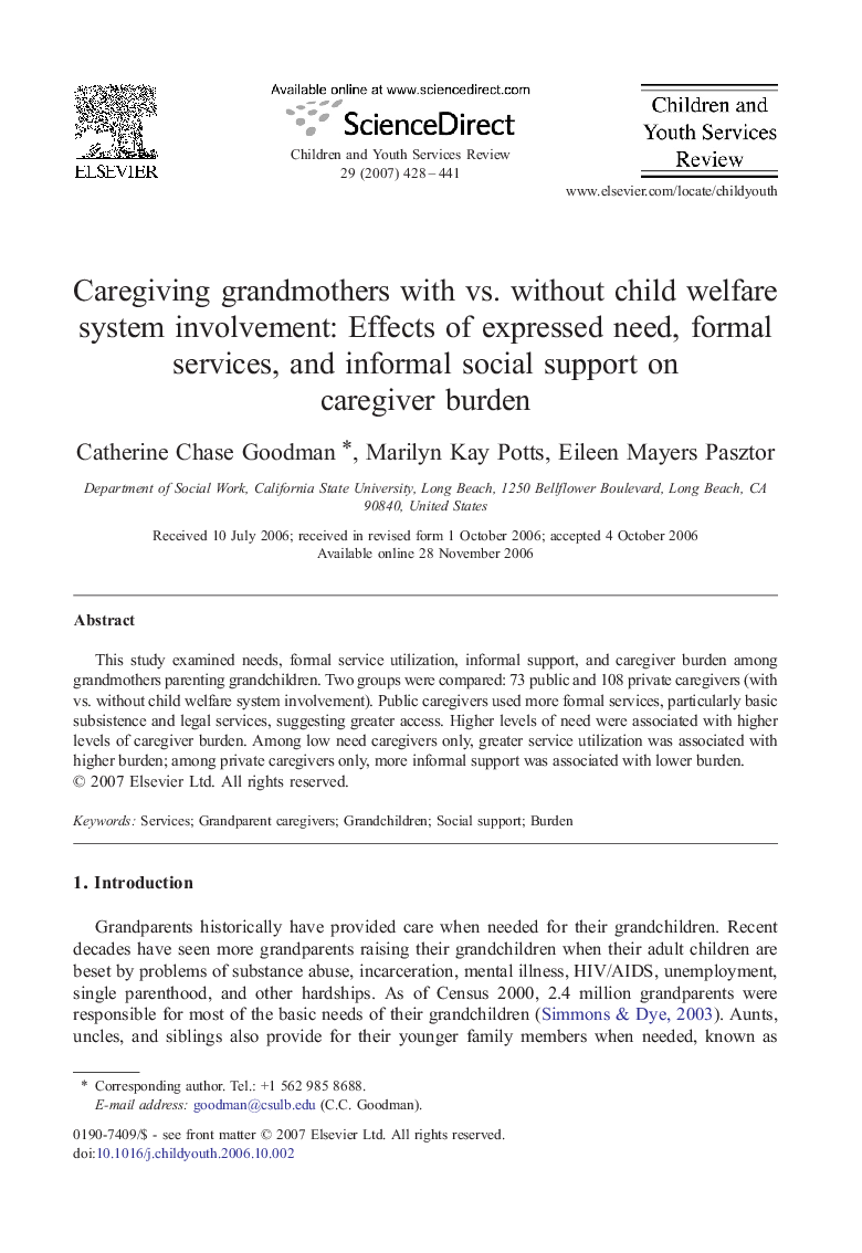 Caregiving grandmothers with vs. without child welfare system involvement: Effects of expressed need, formal services, and informal social support on caregiver burden