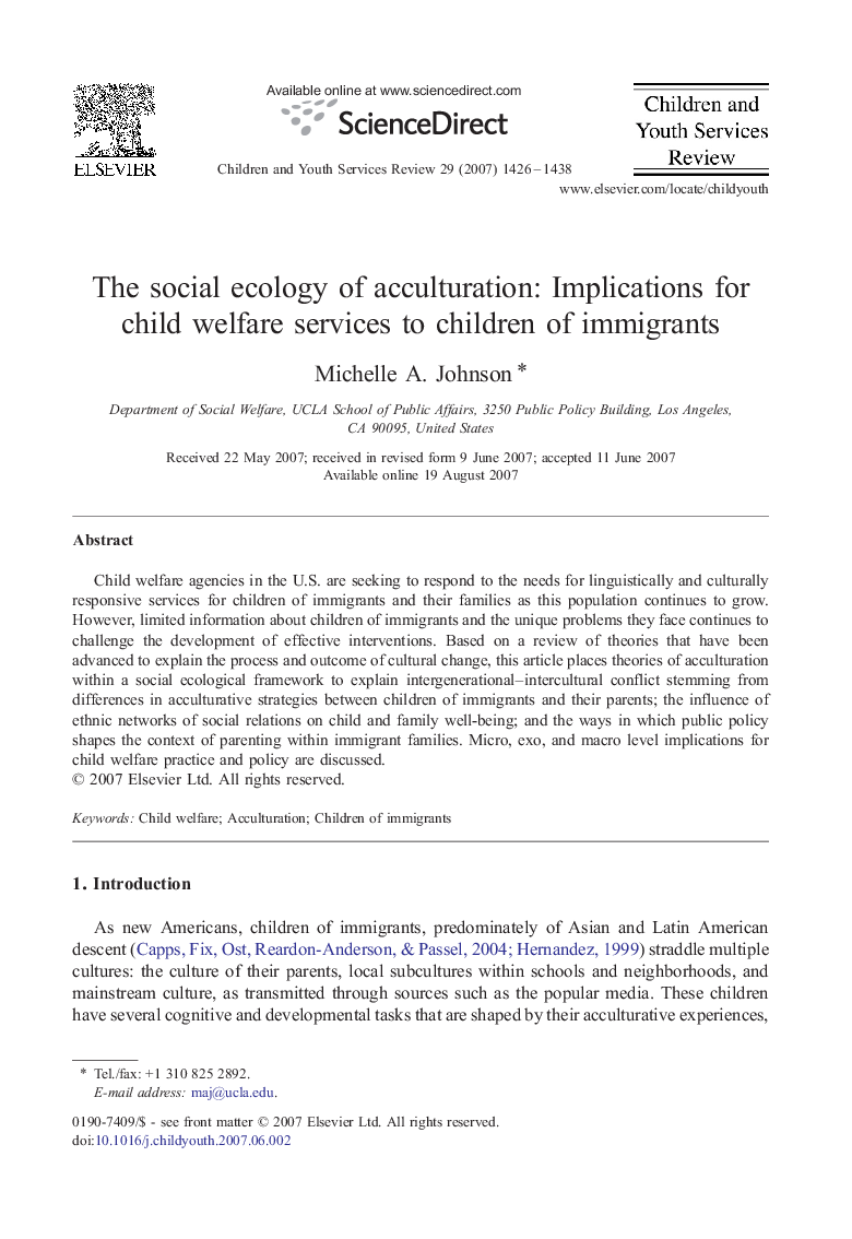 The social ecology of acculturation: Implications for child welfare services to children of immigrants