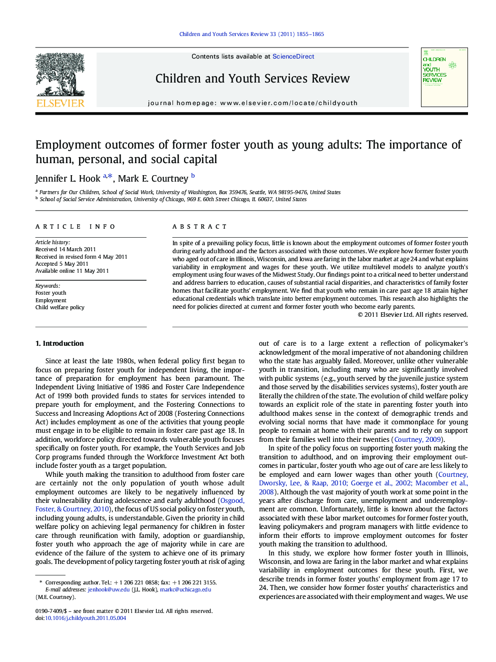 Employment outcomes of former foster youth as young adults: The importance of human, personal, and social capital