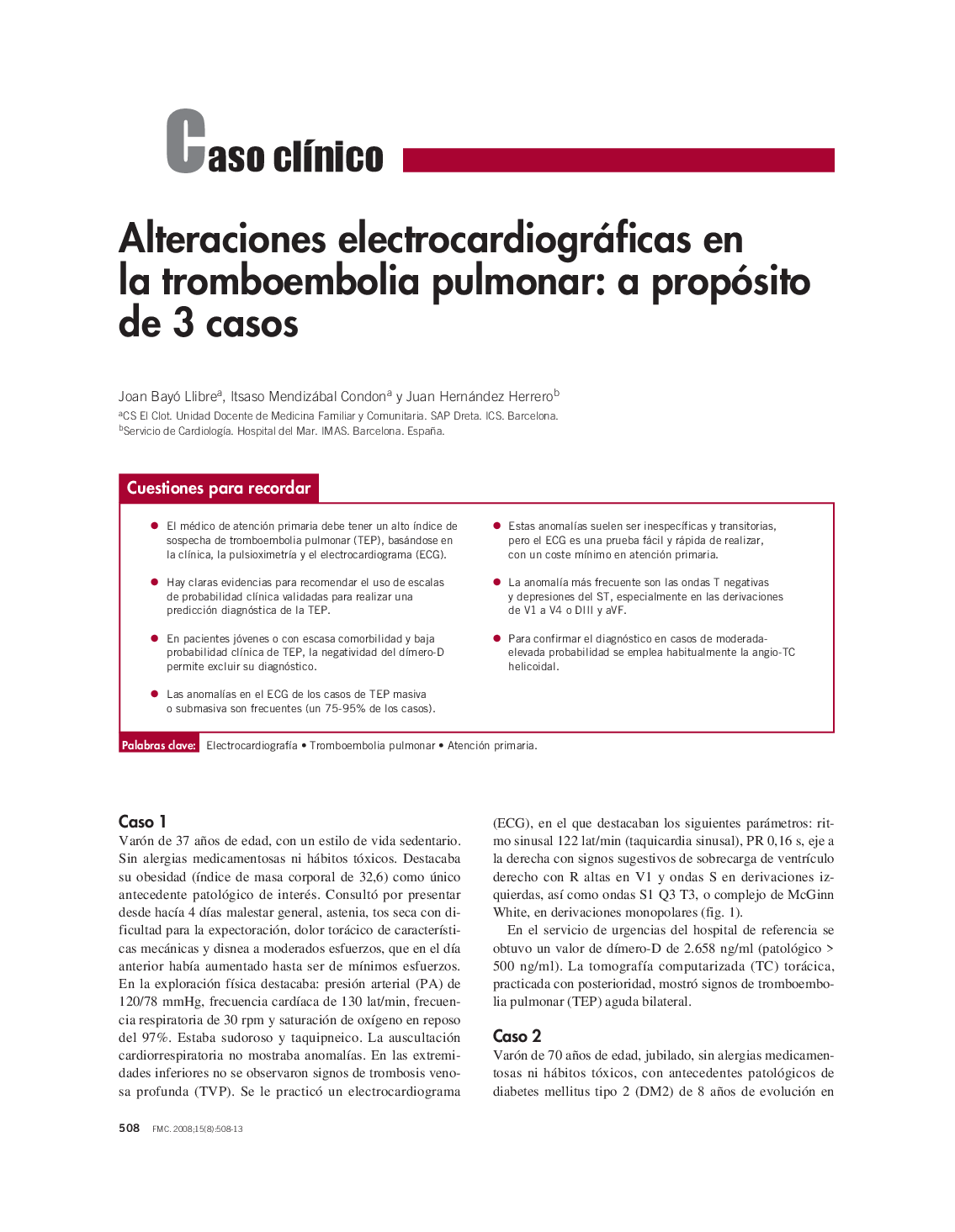 Alteraciones electrocardiográficas en la tromboembolia pulmonar: a propósito de 3 casos