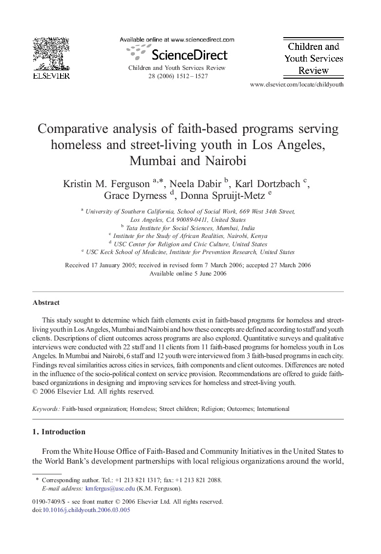 Comparative analysis of faith-based programs serving homeless and street-living youth in Los Angeles, Mumbai and Nairobi