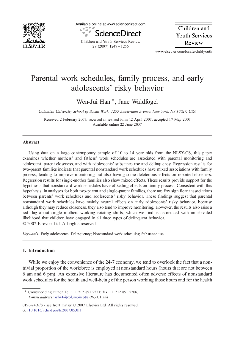 Parental work schedules, family process, and early adolescents' risky behavior