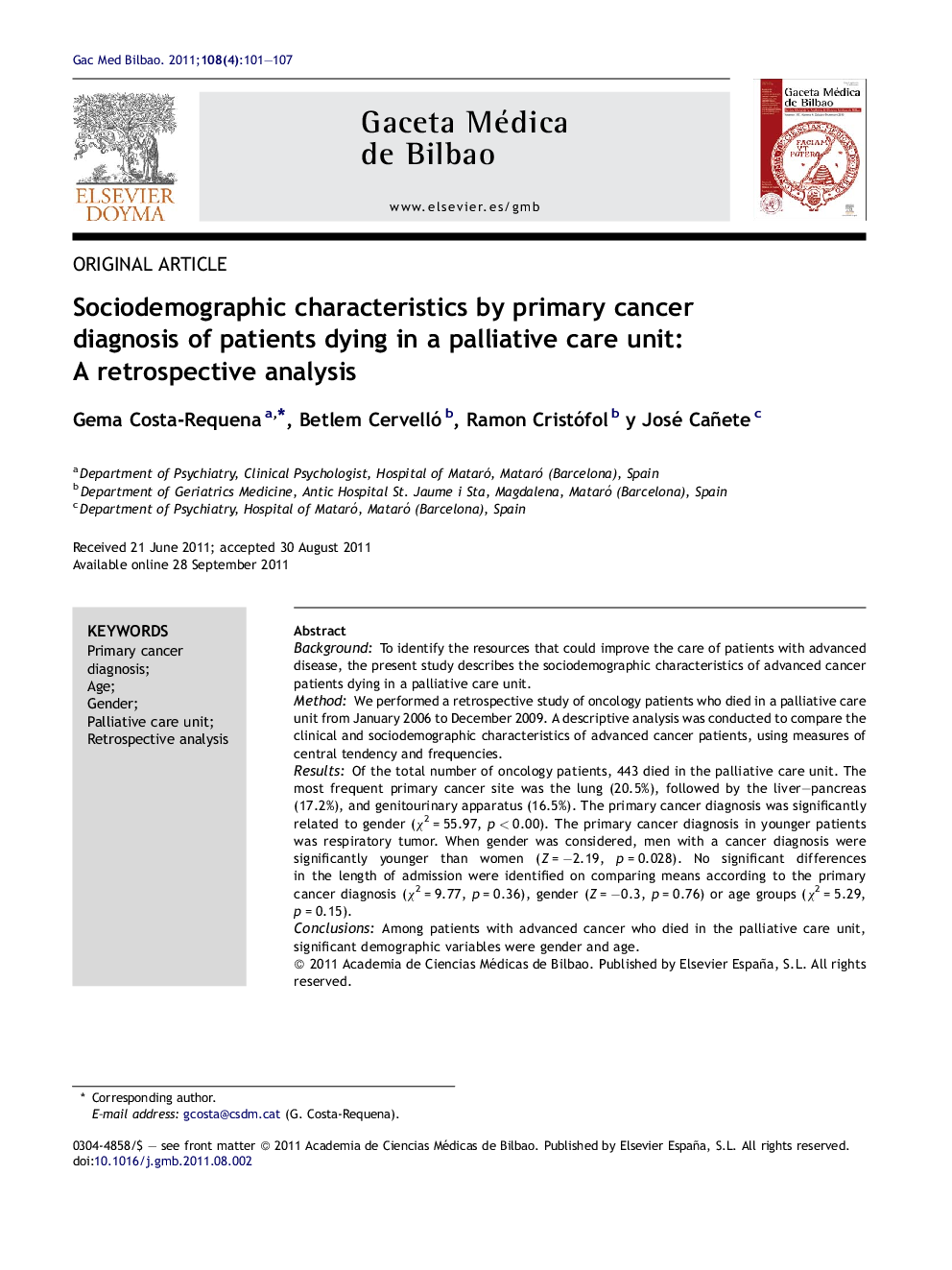 Sociodemographic characteristics by primary cancer diagnosis of patients dying in a palliative care unit: A retrospective analysis