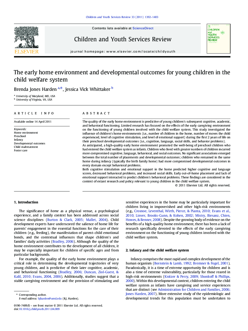 The early home environment and developmental outcomes for young children in the child welfare system