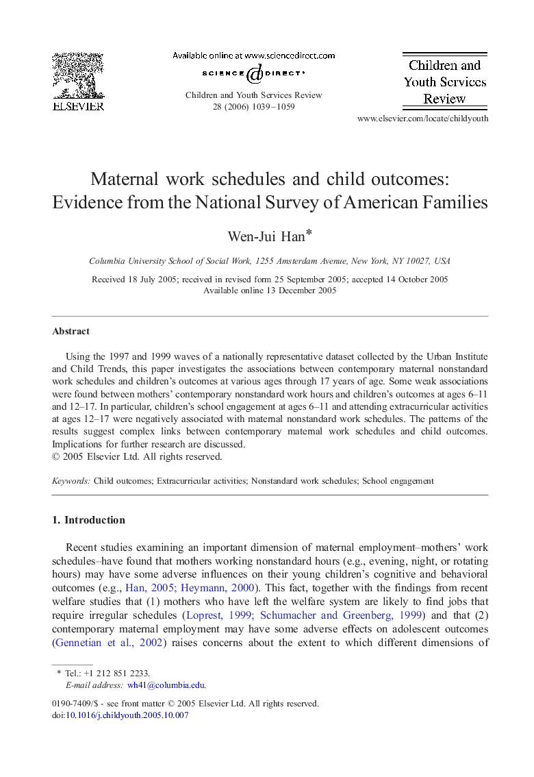 Maternal work schedules and child outcomes: Evidence from the National Survey of American Families