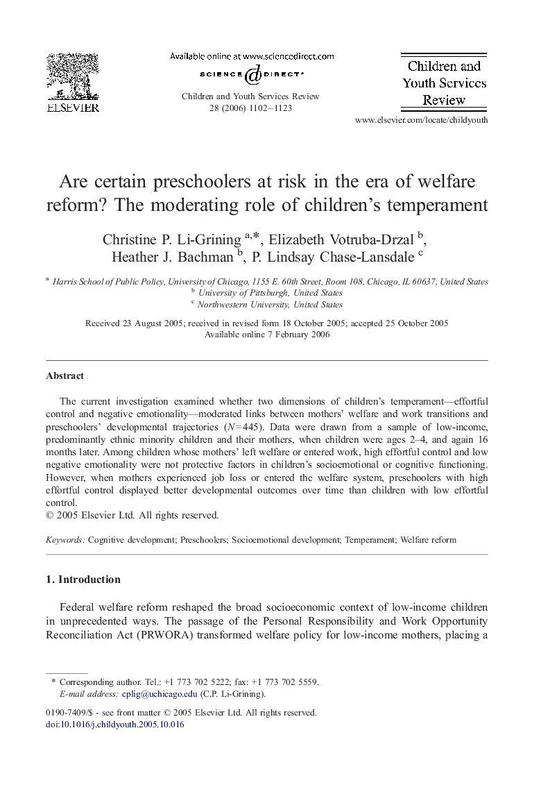 Are certain preschoolers at risk in the era of welfare reform? The moderating role of children's temperament