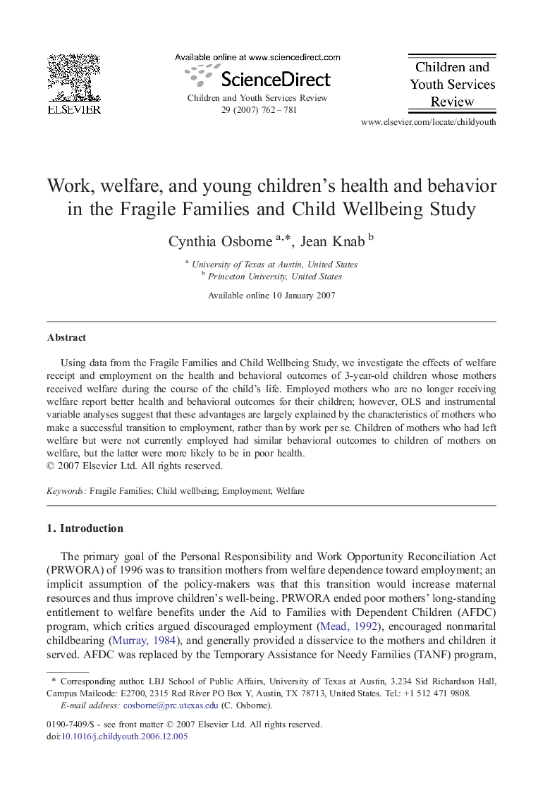 Work, welfare, and young children's health and behavior in the Fragile Families and Child Wellbeing Study