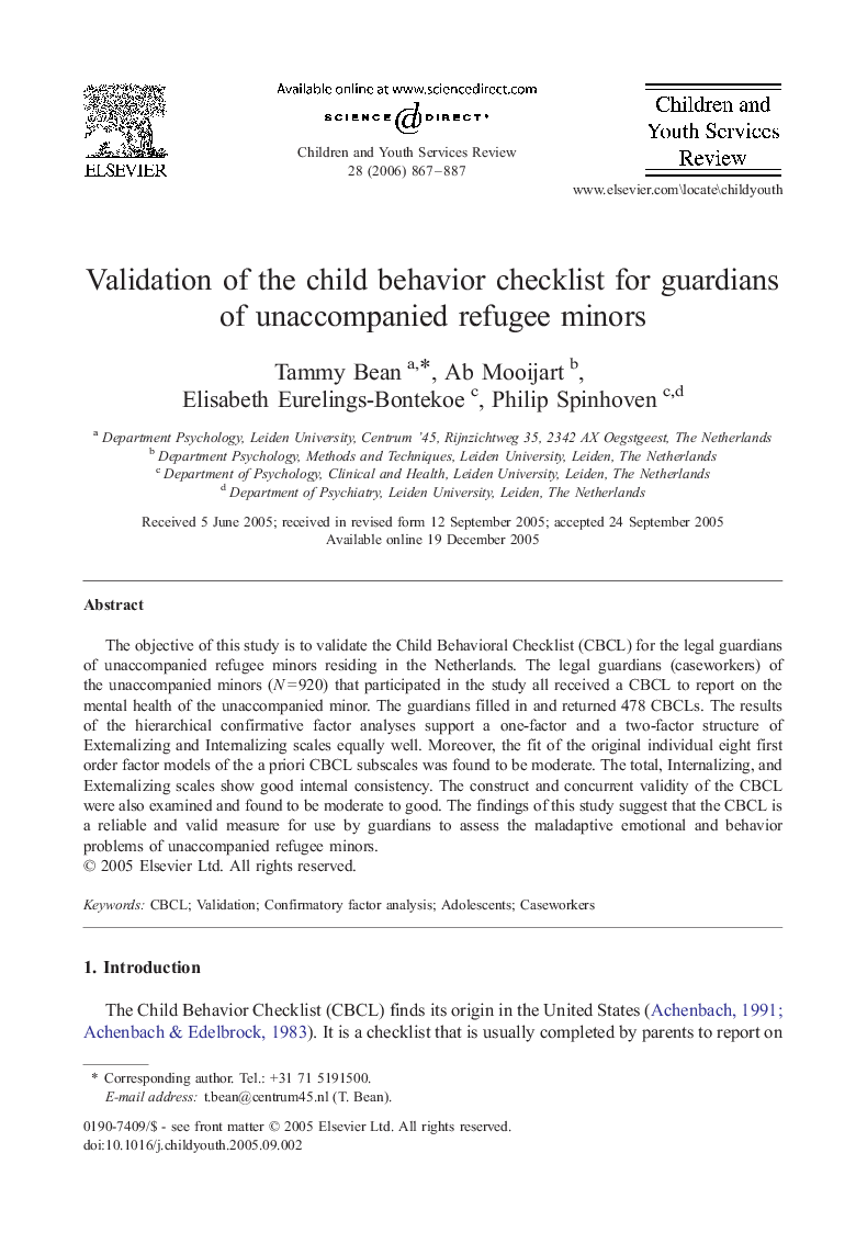 Validation of the child behavior checklist for guardians of unaccompanied refugee minors