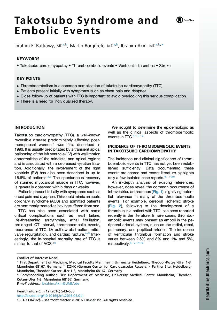 Takotsubo Syndrome and Embolic Events