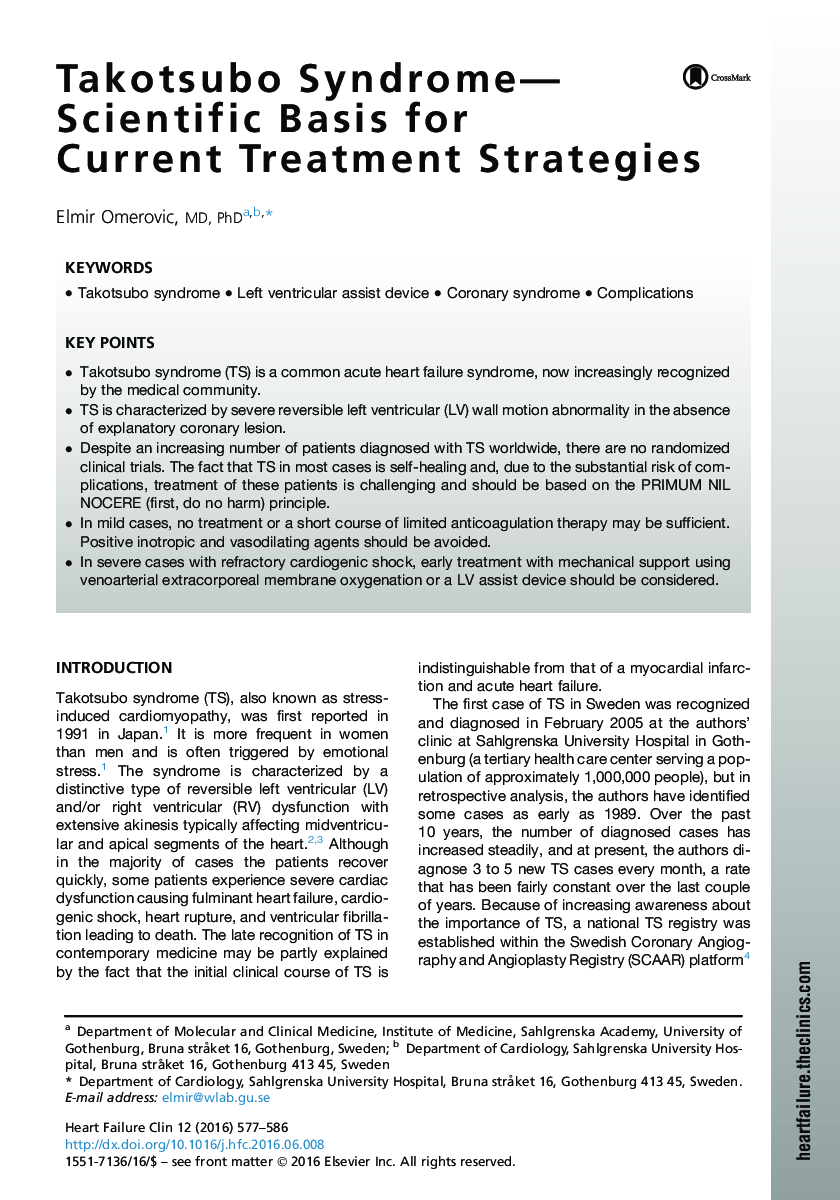 Takotsubo Syndrome-Scientific Basis for Current Treatment Strategies