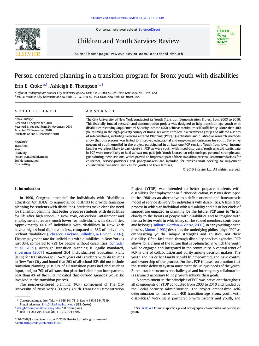 Person centered planning in a transition program for Bronx youth with disabilities