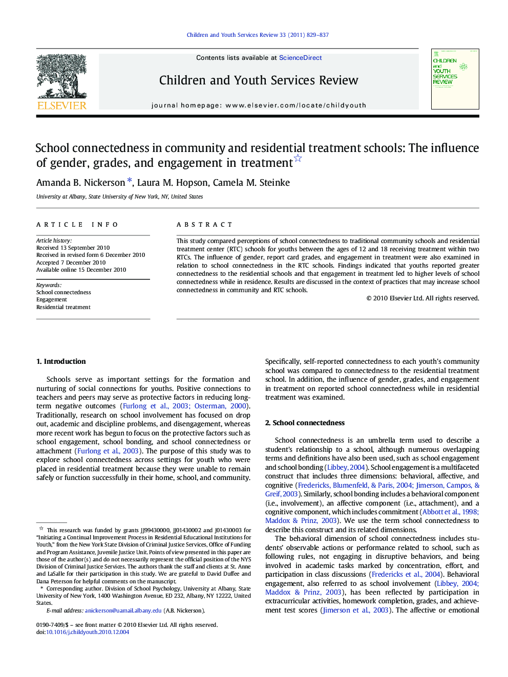 School connectedness in community and residential treatment schools: The influence of gender, grades, and engagement in treatment 