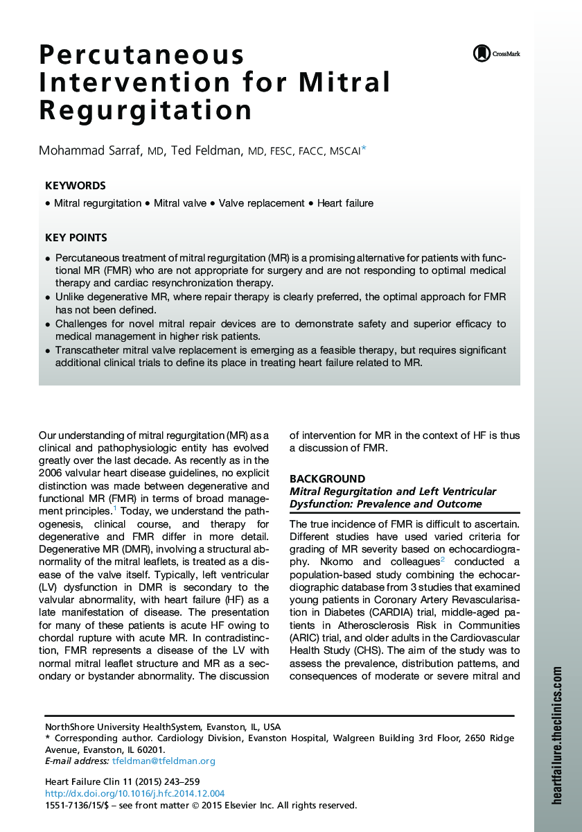 Percutaneous Intervention for Mitral Regurgitation