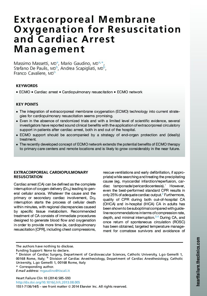 Extracorporeal Membrane Oxygenation for Resuscitation and Cardiac Arrest Management