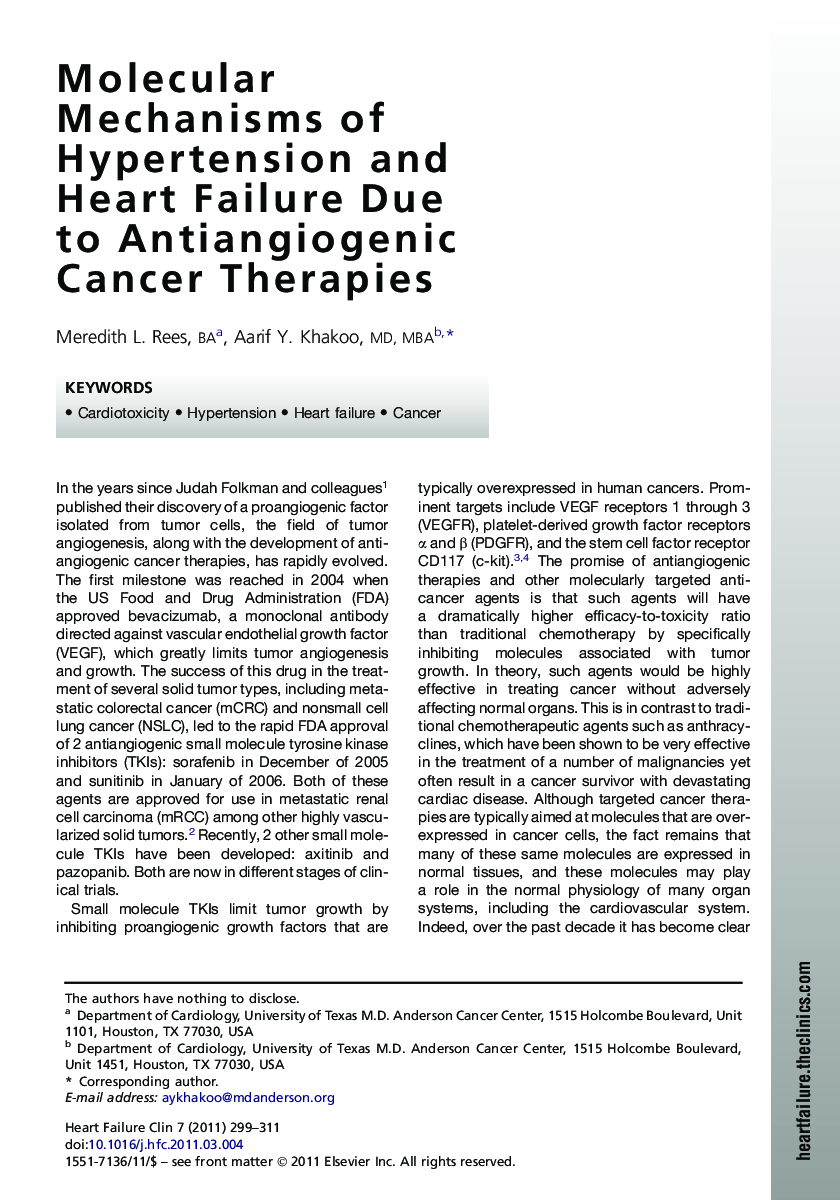 Molecular Mechanisms of Hypertension and Heart Failure Due to Antiangiogenic Cancer Therapies