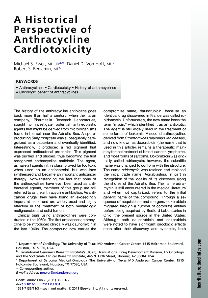 A Historical Perspective of Anthracycline Cardiotoxicity