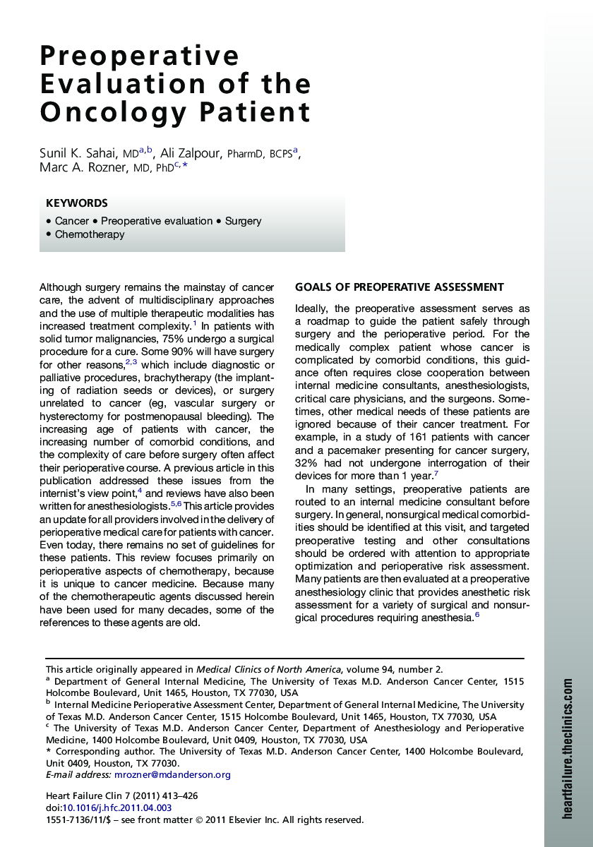 Preoperative Evaluation of the Oncology Patient