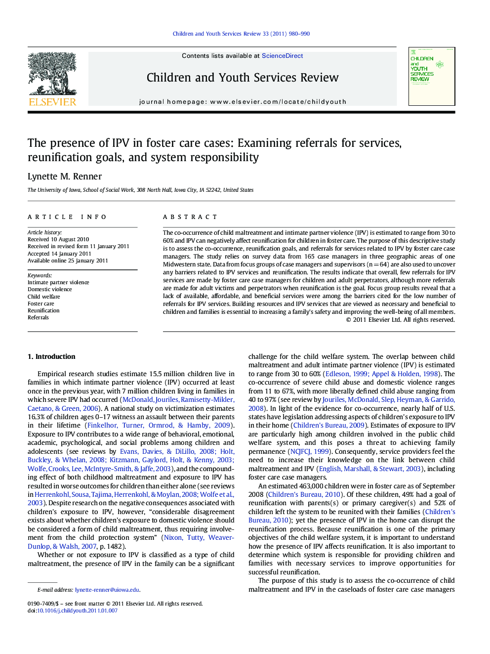 The presence of IPV in foster care cases: Examining referrals for services, reunification goals, and system responsibility